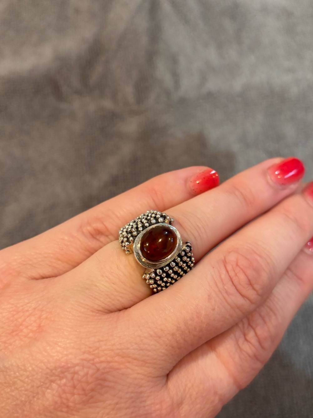 Sterling Silver Beaded Ring with Amber-Brown Cabochon